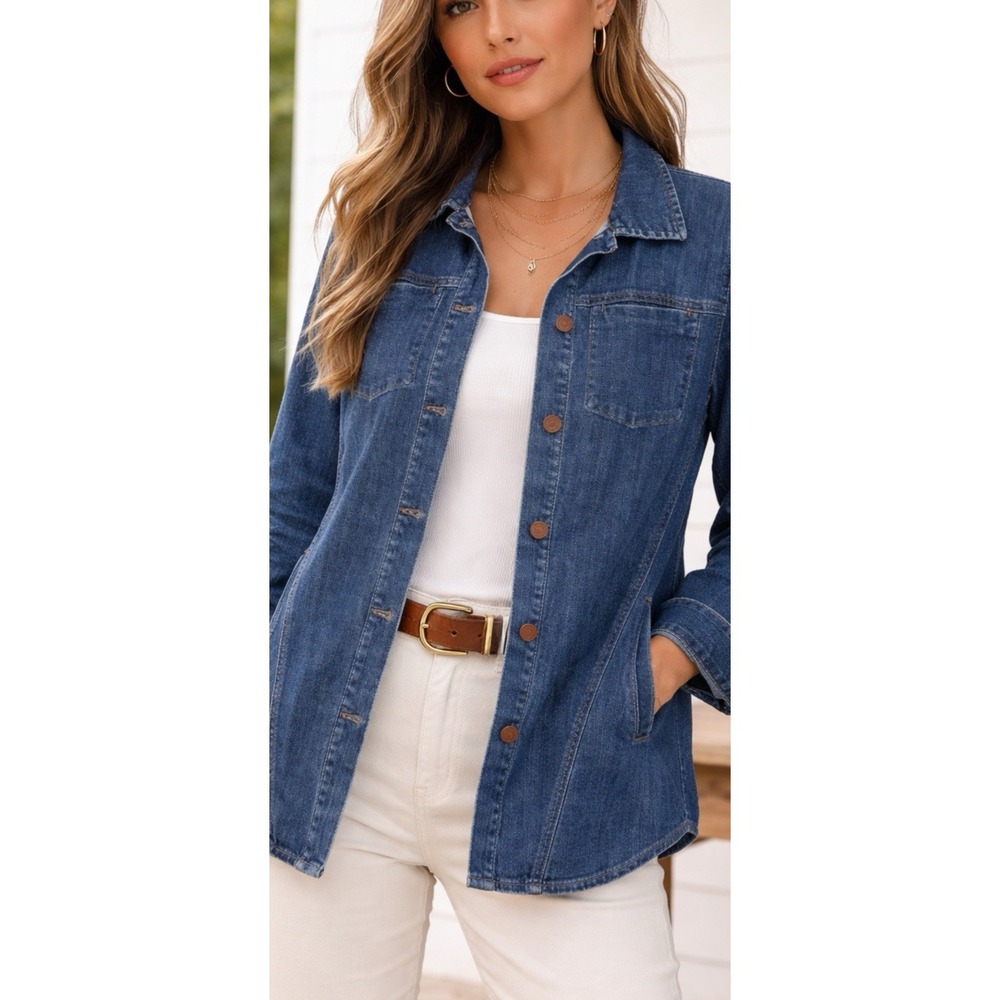 Chico's 2 . 12-14  Classic Blue Jean Denim Jacket Shaket Casual Copper Buttons